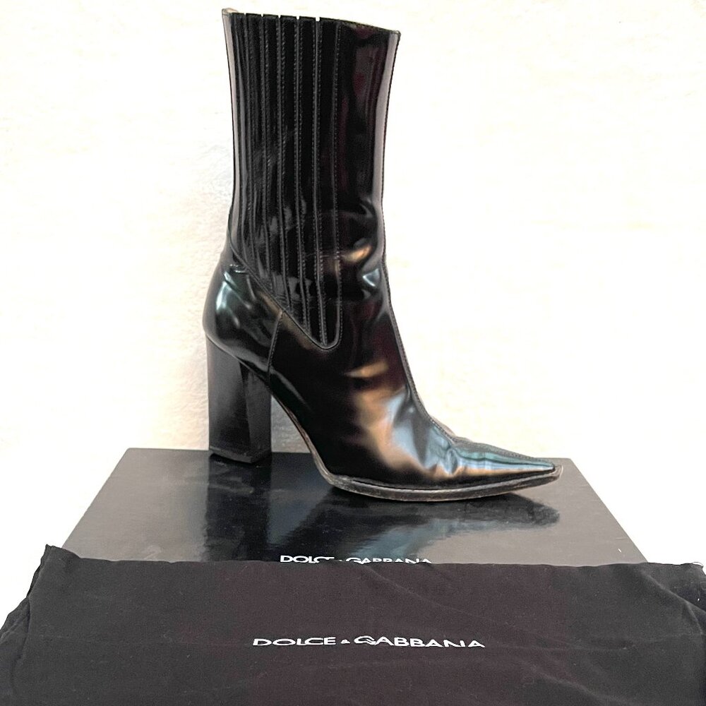 Auc Dolce&Gabbana pointed toe elasticized gores chunky heel smooth leather boots - Picture 12 of 13